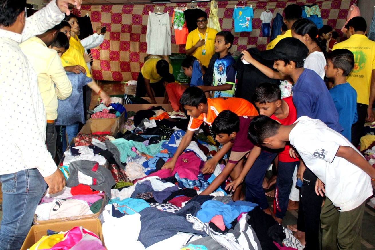 Boxes of donated goods ready for distribution